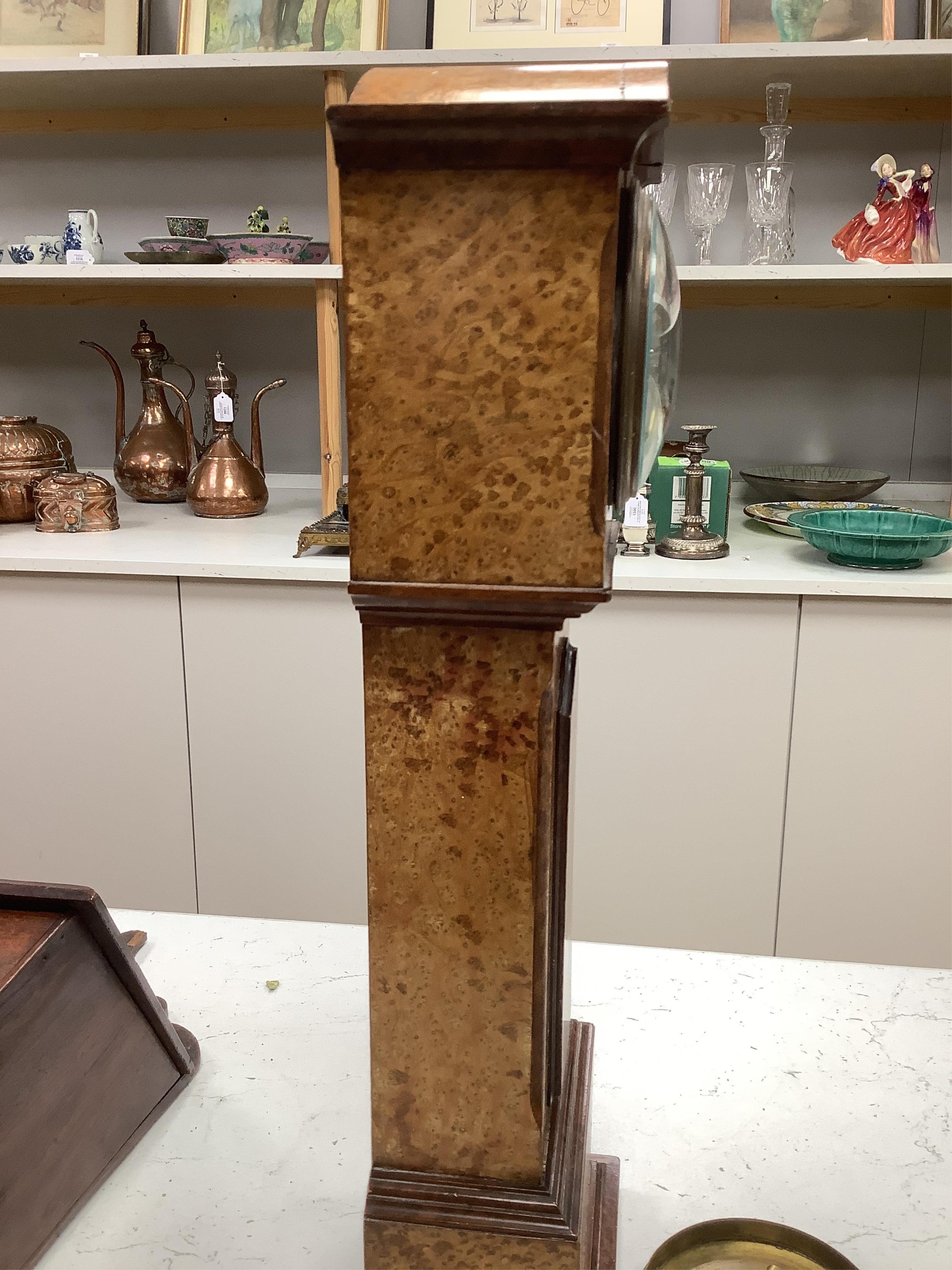 A small French amboyna model of a longcase timepiece, with key, 44cm high